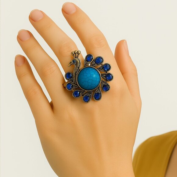 Jewelry - Vintage Peacock Ring – Blue Gemstones & Center Stone – Adjustable Women Jewelry